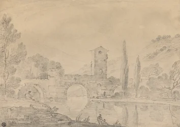 Paysage italien avec pont à trois arches, maison de pont, figures sur la rive proche et peupliers au loin